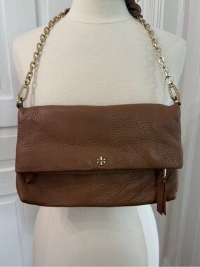 Tory Burch Cognac Leather Fold-Over Shoulder Bag with Gold Chain
